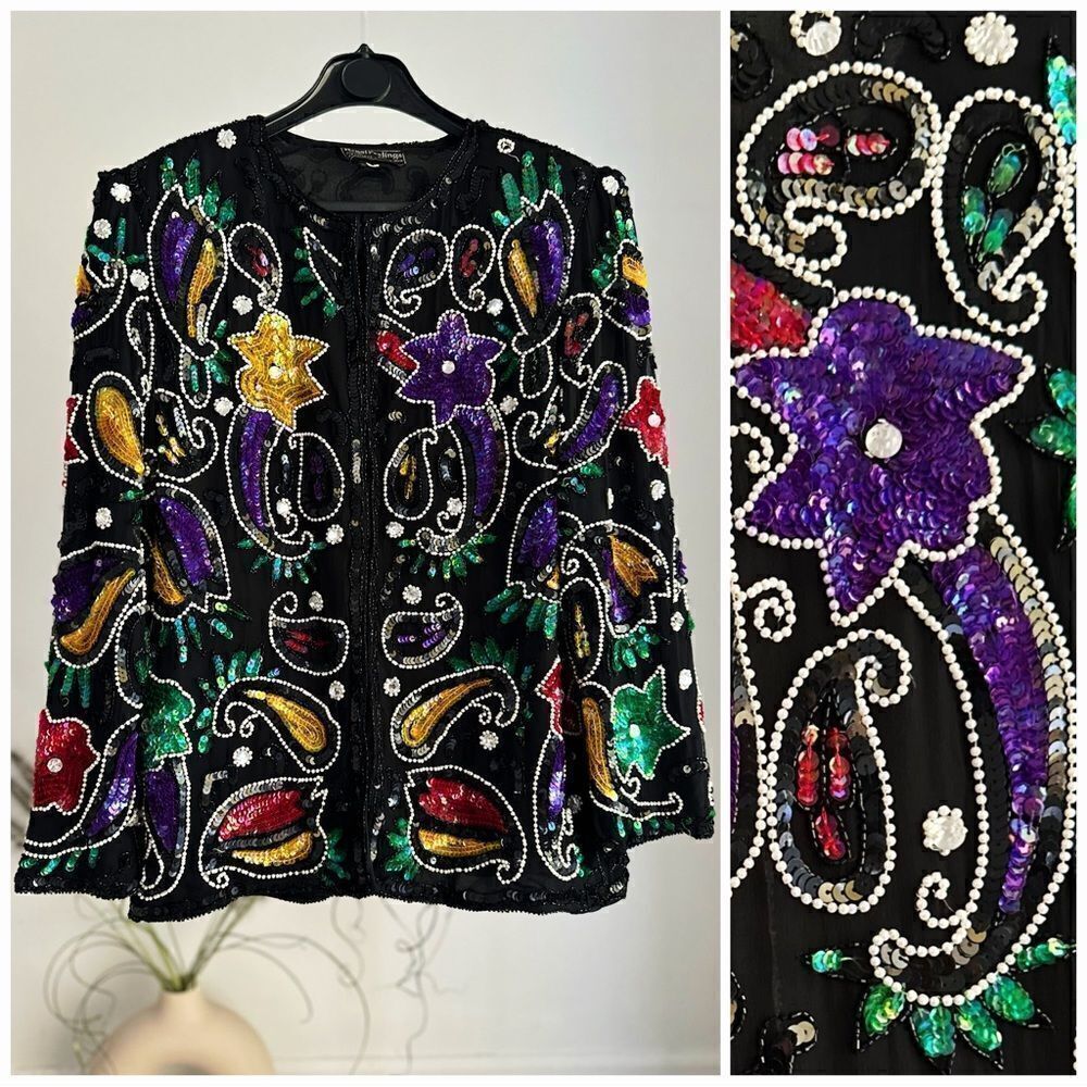 80'S LADIES VINTAGE SEQUIN BEADED TROPHY EVENING JACKET ROYAL FEELINGS